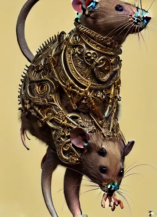 Image similar to symmetry!! portrait of a pet rat wearing detailed ornate armor, intricate, elegant, highly detailed, my rendition, digital painting, behance, concept art, smooth, sharp focus, illustration, art by artgerm and greg rutkowski and alphonse mucha and huang guangjian and gil elvgren and sachin teng