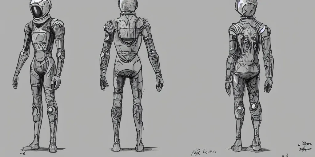 Image similar to male, space suit, character sheet, concept art, very stylized, large shoulders, short torso, long thin legs, cartoon proportions, tiny feet, concept design, by jean giraud