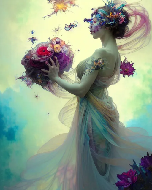 Image similar to Full View ultrarealistic Portrait ethereal fantasy deity wearing beautiful gown, rising in the air levitating, flowers, calm, 4k digital masterpiece by Anna Dittman and Alberto Seveso Ruan Jia, rossdraws and alphonse mucha and loish and WLOP, fantasycore, Hyperdetailed, fractals, scribble art, realistic digital painting, atmospheric, fireflies, soft lighting, featured on Artstation