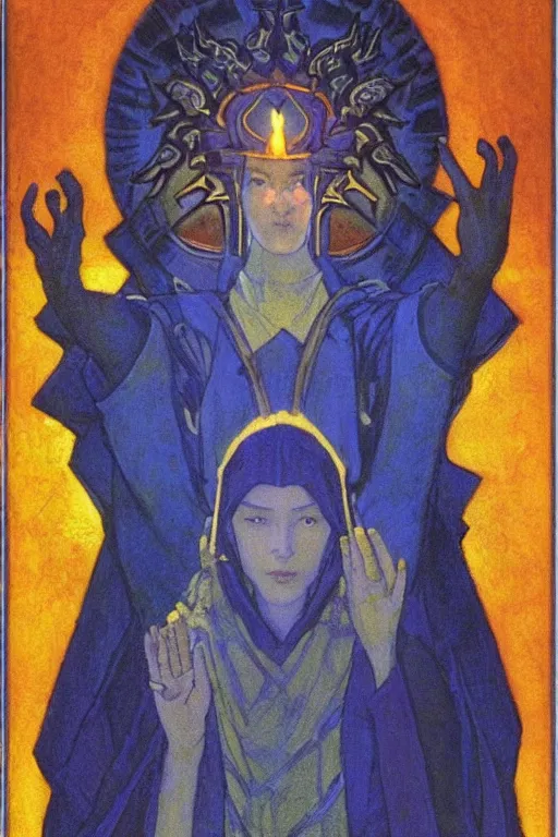 Image similar to child of darkness with his crown and lantern, by Nicholas Roerich and Annie Swynnerton and and jean delville, dramatic cinematic lighting , ornate headdress , flowing robes, sacred artifacts, lost civilizations, smooth, sharp focus, extremely detailed