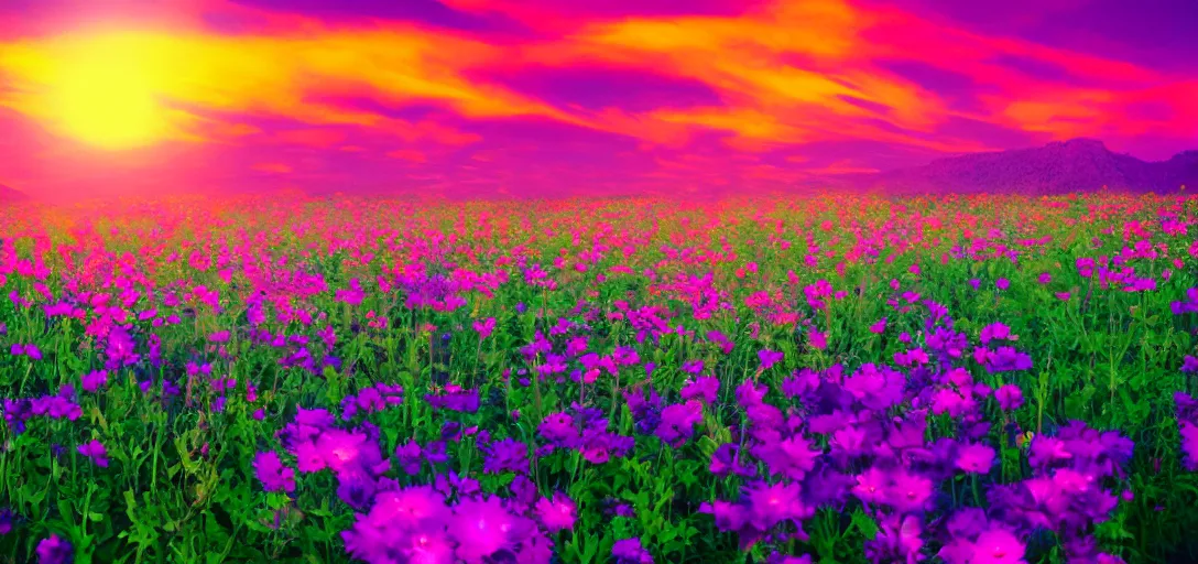 Prompt: an impossible field of beautiful neon colored flowers with a beautiful sunset, vaporwave