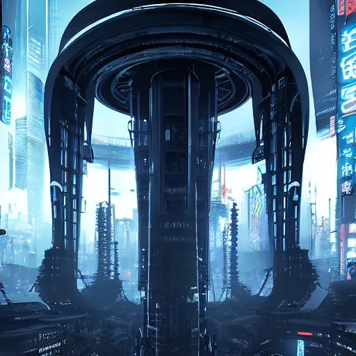 Image similar to Circle portal structure among cyberpunk Tokyo in style of Tsutomu Nihei. Cyberpunk, vertical symmetry, 8K, Highly Detailed, Intricate.