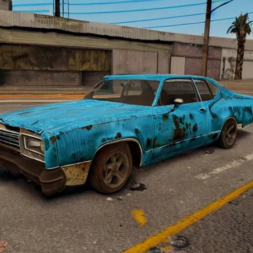Image similar to A screenshot of a rusty, worn out, broken down, decrepit, run down, dingy, faded, chipped paint, tattered, beater 1976 Denim Blue Dodge Aspen in GTA V--steps 150