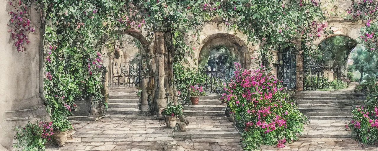 Prompt: flower, courtyard walkway, fountain, castle, stairway, chairs, wrought iron, gate, tree, delicate, botanic garden, road, botanical herbarium paper, watercolor colored painting, iridescent colors, 8 k, realistic shaded, fine details, artstation, italian style, colonnade