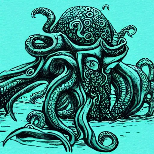 Prompt: cthulhu monster rising from the ocean with a synthesizer under its arm