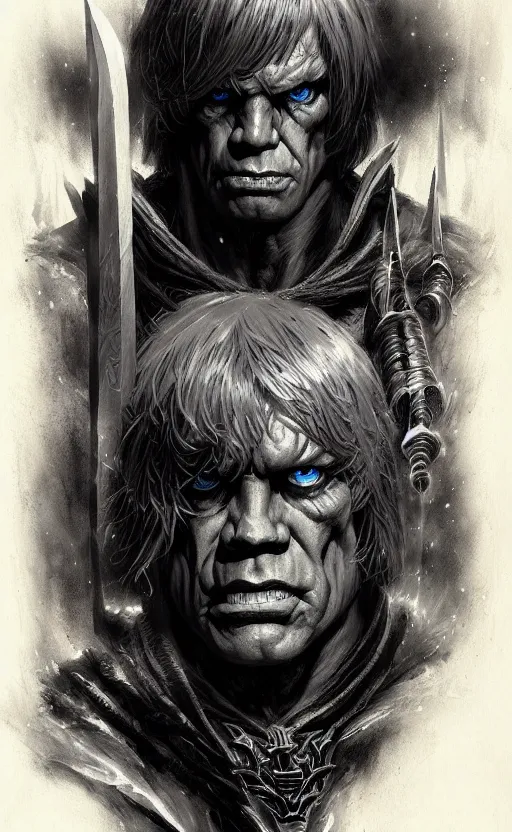 Image similar to uncut portrait of he - man, dark and mysterious and eerie and ominous character, cinematic, epic, highly detailed, intricate, illustration, artwork by marcus whinney and greg rutkowski