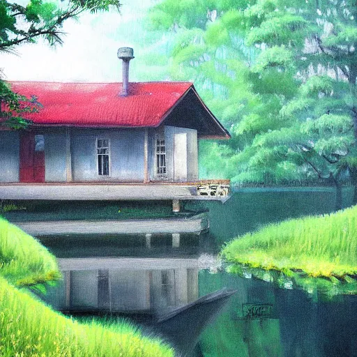 Prompt: a beautiful painting of house in forest,by Miyazaki Hayao