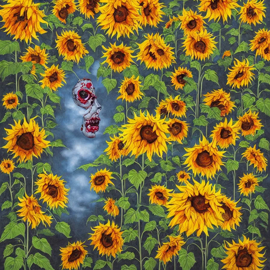 Image similar to Surrealist zombie-sunflowers roaming the world looking for sun rays.