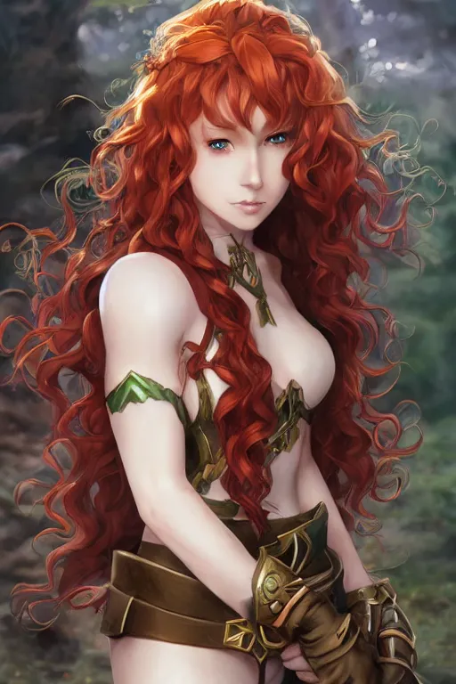 Image similar to A beautiful anime portrait of a curly haired redhead female elf, rpg ranger outfit, elven bow, by Stanley Artgerm Lau, WLOP, Rossdraws, James Jean, Andrei Riabovitchev, Marc Simonetti, and Sakimichan, tranding on artstation