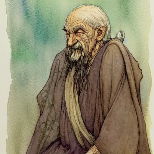 Image similar to a simple and atmospheric watercolour fantasy character concept art portrait of an old and wise wizard, very muted colors, by rebecca guay, michael kaluta, charles vess and jean moebius giraud