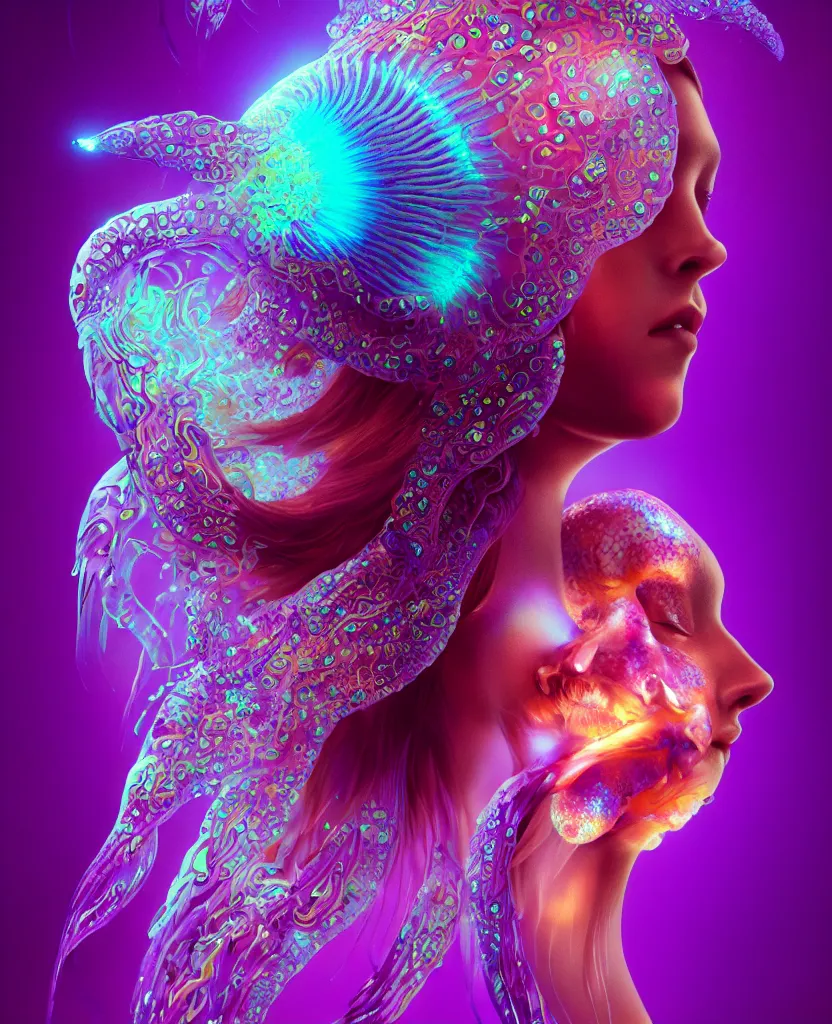 Image similar to goddess close-up portrait. dichroic orchid jellyfish phoenix head, nautilus, skull, betta fish, bioluminiscent creatures, intricate artwork by Tooth Wu and wlop and beeple. octane render, trending on artstation, greg rutkowski very coherent symmetrical artwork. cinematic, hyper realism, high detail, octane render, 8k