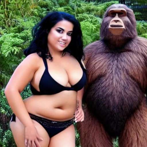 Image similar to photo of hot curvy spanish latina cuban college girl with black hair smoking weed with bigfoot