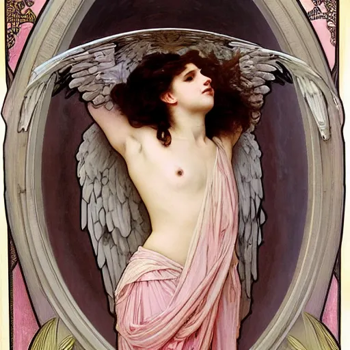 Image similar to painting of a beautifully robed angel with long thick pink hair with huge white feather wings, intricate, elegant, hyperdetailed, by alphonse mucha and william - adolphe bouguereau and john william waterhouse