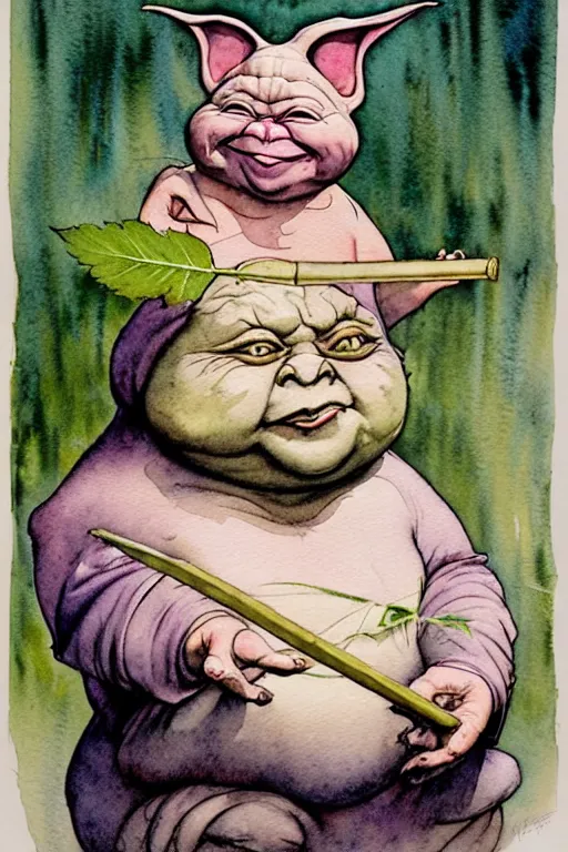 Image similar to a realistic and atmospheric watercolour fantasy character concept art portrait of a fat yoda with pink eyes smiling and holding a blunt with a pot leaf nearby, by rebecca guay, michael kaluta, charles vess and jean moebius giraud