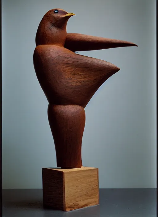 Image similar to realistic photo portrait of the a sculpture of a person morphing into a bird made of wood, poorly designed standing in the wooden polished and fancy expensive wooden interior room 1 9 9 0, life magazine reportage photo