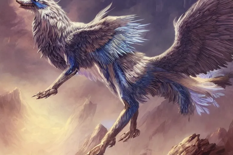 Image similar to Blue feathered wolf with wings on a beautiful fantasy landscape, hills, mountains, moonlit, HD, illustration, epic, D&D, fantasy, intricate, elegant, highly detailed, digital painting, artstation, concept art, smooth, sharp focus, illustration, wallpaper, art by artgerm and greg rutkowski and alphonse mucha and jin xiaodi and anthony devine and yigit korogly