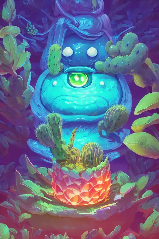 Image similar to roots cactus sushi cristal smurf ghost creature animal sushi cristal very big eye roots cactus elemental flush of force nature micro world fluo fishscale, behance hd by jesper ejsing, by rhads, makoto shinkai and lois van baarle, ilya kuvshinov, rossdraws radiating a glowing aura global illumination ray tracing hdr