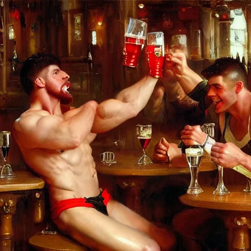 Image similar to attractive muscular male with red hair and attractive muscular male with black hair. pants and shorts, drinking their hearts out, having fun, in a pub. very defined painting by gaston bussiere, j. c. leyendecker, craig mullins 8 k