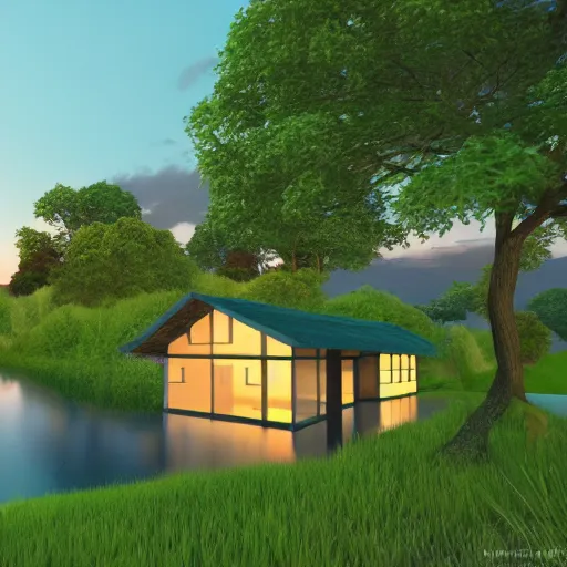 Image similar to a serene landscape with a singular house near a river at sunset, anime style, calm, high quality,8k