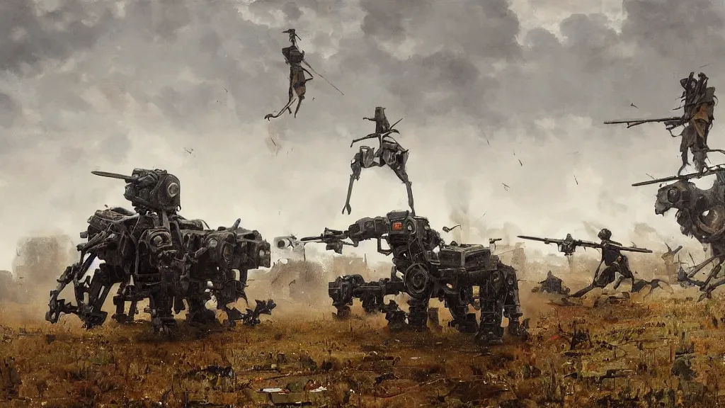 Image similar to 1920's battle in a farming village between bipedal mechs, painted by Jakub Rozalski