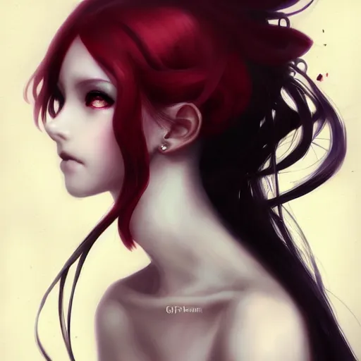 Image similar to facial portrait of a young pretty anime woman, long red hair, dark eyes, gothic eyeliner, character concept art, headshot, Charlie Bowater, Anna Dittmann, WLOP, Rumiko Takahashi, Akihiko Yoshida, Hyung-tae Kim, alexander mcqueen, trending on Artstation