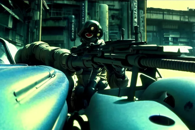 Prompt: masamune shirow movie still from ghost in the shell dieselpunk mad max alpine a 1 1 0 with guns installed