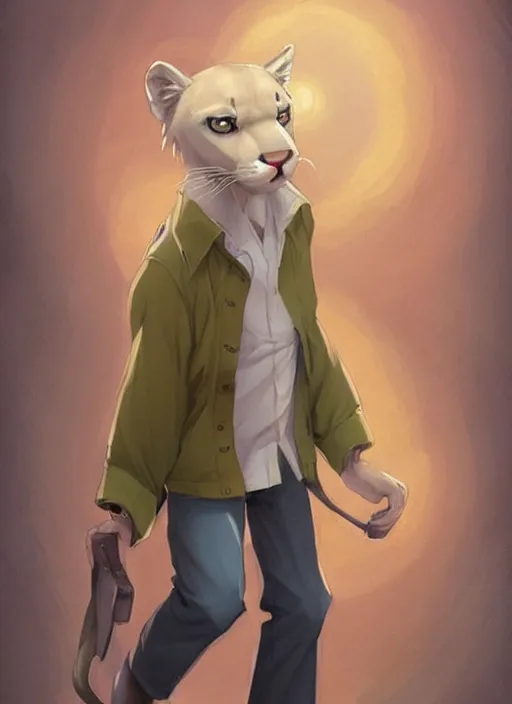 Prompt: beautiful portrait commission of a male furry anthro!!! albino mountain lion wearing a yellow button-down shirt, olive green slacks, and suspenders. Atmospheric. Character design by charlie bowater, ross tran, artgerm, and makoto shinkai, detailed, inked, western comic book art