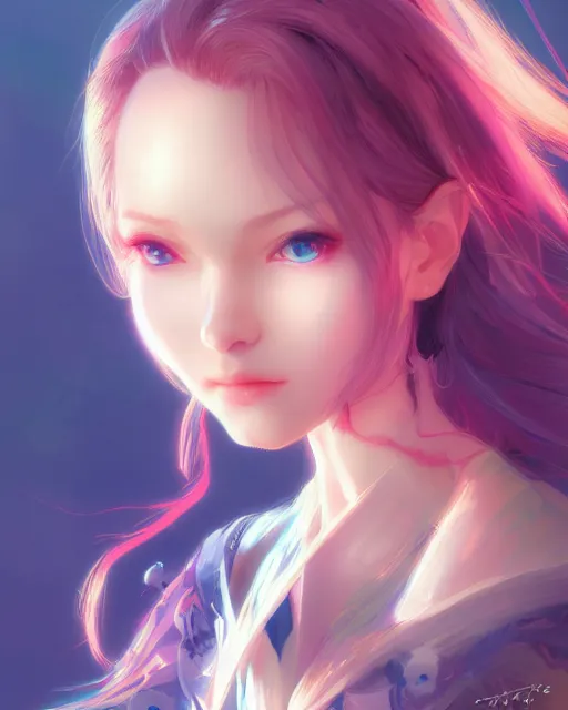 Image similar to portrait of cute girl, beautiful, fantasy, colorful, cinematic lighting, artstation, trending, highly detailed, focus, smooth, by hirohiko araki and yoshitaka amano