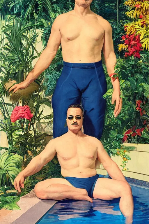 Prompt: Mike Patton wearing a Speedo, Next to a pool, golden hour, in a garden, artstation, by J. C. Leyendecker and Peter Paul Rubens,