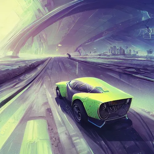 Image similar to solarpunk car, clean energy, green technology, highway, sunny day, futurism, intricate, highly detailed, digital painting, artstation, concept art, smooth, sharp focus, epic landscape, art by akihiko yoshida and tim mcburnie and anato finnstark
