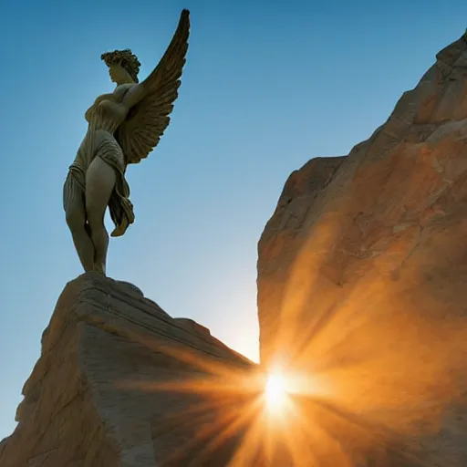 Image similar to venus, nike, the winged victory of samothrace statue made of cyan crystal on a rock in the clouds dramatic low light volumetric lighting epic towering clouds central composition stylised close up to ample soft touch lighting from the side by sunset