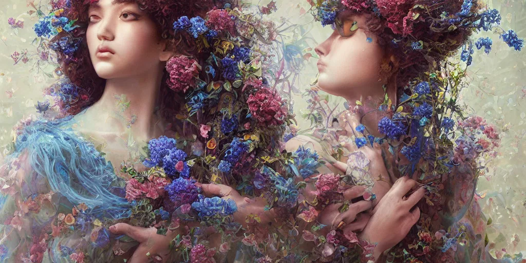 Prompt: breathtaking detailed concept art painting portrait of the hugs goddess of blue flowers, carroty curly hair, orthodox saint, with anxious piercing eyes, ornate background, amalgamation of leaves and flowers, by hsiao - ron cheng, extremely moody lighting, 8 k