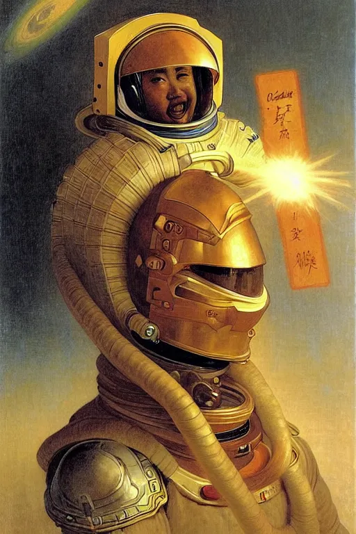 Image similar to portrait of a astronaut is a chinese dragon in armor and helmet, majestic, solemn, in space, by bouguereau