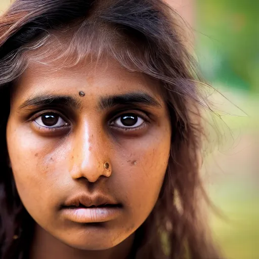 Prompt: the round shaped face of a lightly tanned, young indian woman is looking directly at the camera. She has short auburn fringed hair, small nose, full lips, dark green eyes, freckles. Portrait photography in the style of Steve Mccurry, 8K HD.