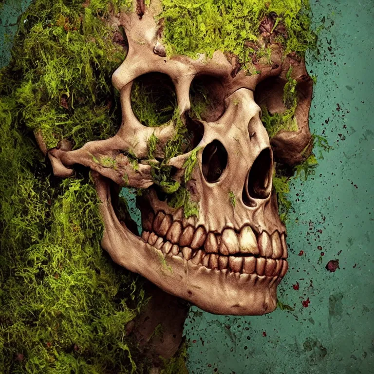 Image similar to A beautiful oil painting hyperrealism of a decayed zombie head, rotting clay skin, skull bones, veins of moss, 8k resolution, octane render, Trending on artstation, by Gediminas Pranckevicius, volumetric light 2blue fractal Thunder glow by dan mumford, anaglyph effect, Laurie Lipton