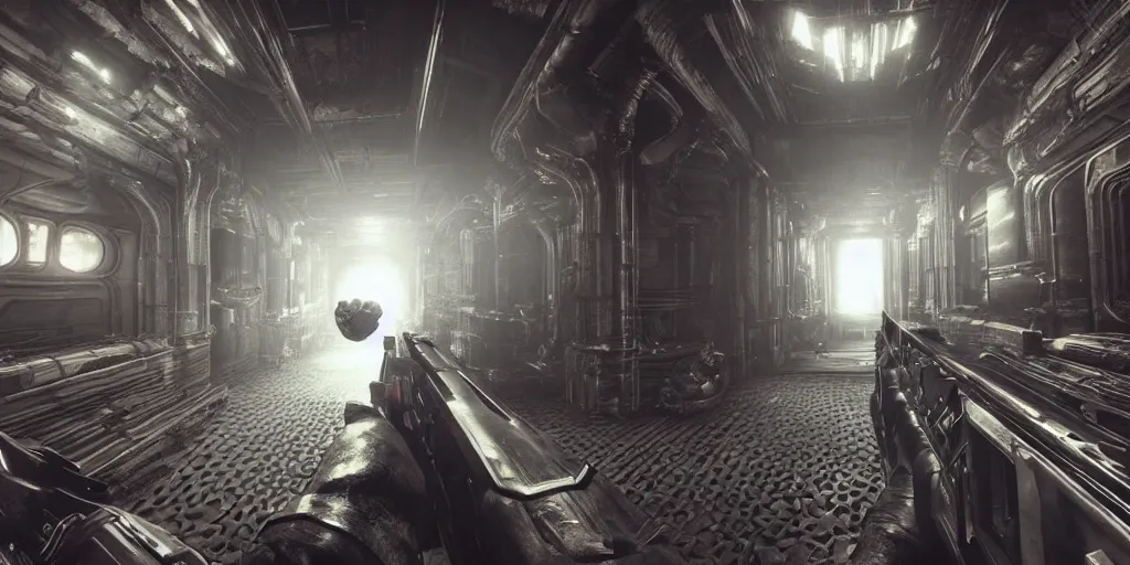 Prompt: Gameplay footage of a first person game designed by H.R Giger and Kojjima, amazing graphics, raytracing, detailed