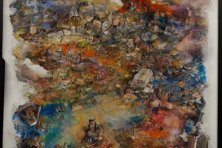 Image similar to an elaborate and dense painting of the future, made of alcohol ink on parchment