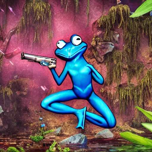 Image similar to cinematic shot of an anthropomorphic blue frog wearing a pink suit of armor aiming an AK-47 knee-deep in a swamp, very intricate, very detailed, depth of field,