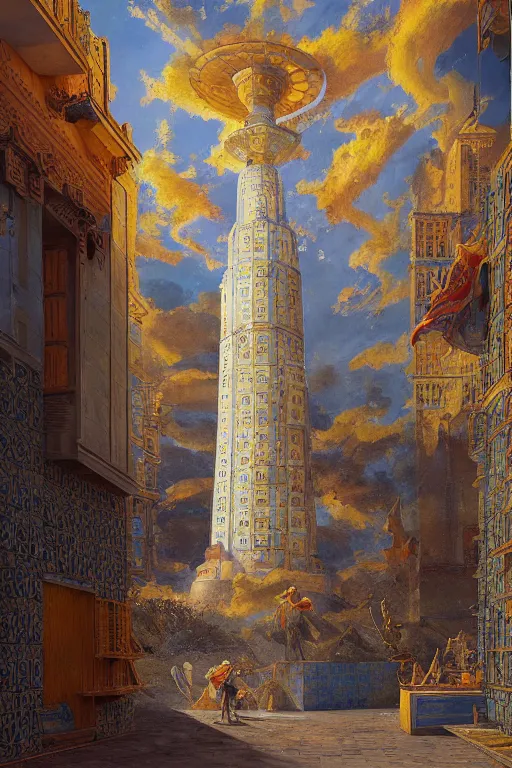 Image similar to glorious painted tower of the sun and stars by Ludwig Deutsch and Rudolf Ernst and tyler edlin, dramatic cinematic lighting , beautiful colorful tilework, ornate architecture, smooth, sharp focus, extremely detailed