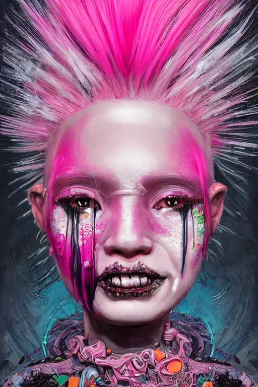 Image similar to portrait of a melting punk girl pink hair . intricate abstract. intricate artwork. nightmare fuel. terrifying. by Tooth Wu, wlop, beeple, dan mumford , trending on artstation, greg rutkowski very coherent symmetrical artwork. cinematic, hyper realism, high detail, octane render, 8k, iridescent accents