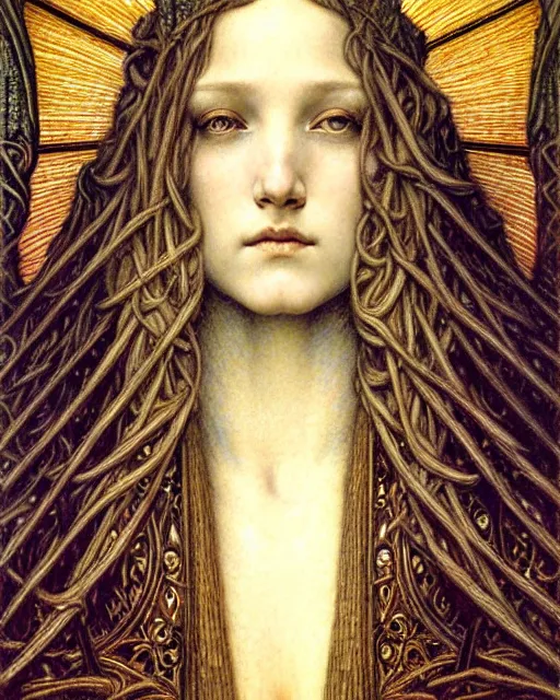 Image similar to detailed realistic beautiful young medieval queen face portrait by jean delville, gustave dore and marco mazzoni, art nouveau, symbolist, visionary, gothic, pre - raphaelite. horizontal symmetry