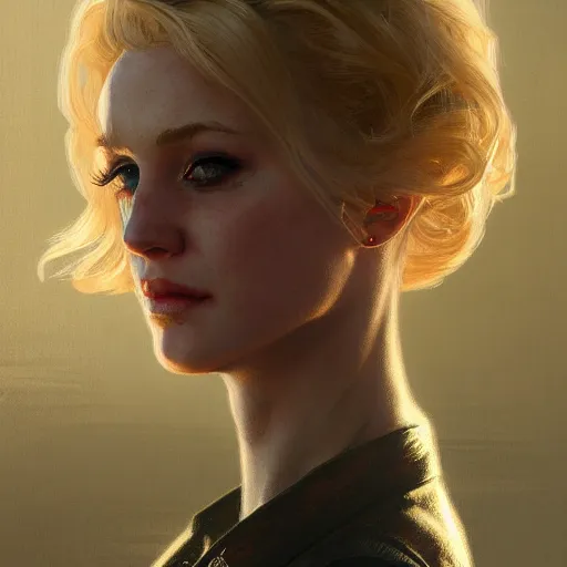 Prompt: Half portrait of a woman with blonde hair as a character in Fallout 4 walking in Boston City, gorgeous, beautiful, intricate, highly detailed, digital painting, artstation, oppressive lighting, concept art, sharp focus, illustration, art by greg rutkowski and alphonse mucha