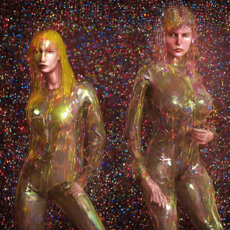 Image similar to octane render portrait by wayne barlow and carlo crivelli and glenn fabry, a woman wearing a giant inflated clear plastic suit full of colorful thick fluid containing glitter, inside an underground soviet dance club, fog and atmospheric lighting, cinema 4 d, ray traced lighting, very short depth of field, bokeh