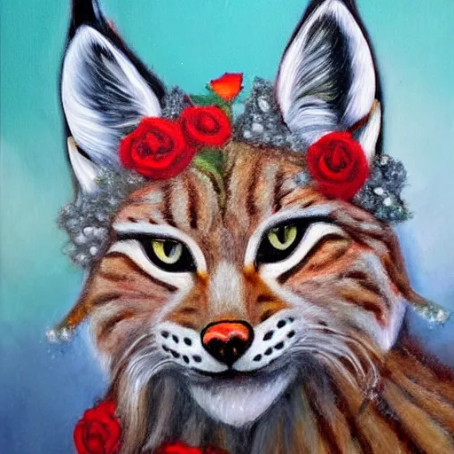 Prompt: an expressive oil painting of a lynx waring a crown!! made out of roses, high quality art,