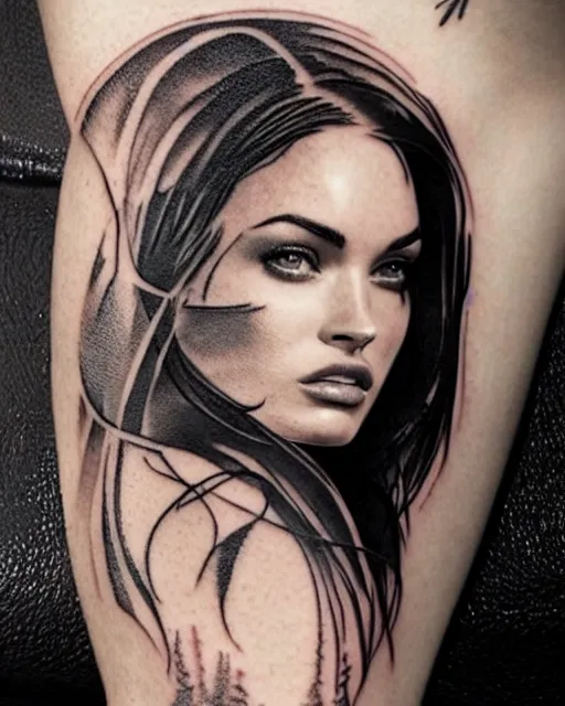 Image similar to double exposure effect tattoo design sketch of megan fox with amazing mountain scenery, realism tattoo, in the style of den yakovlev, amazing detail, sharp