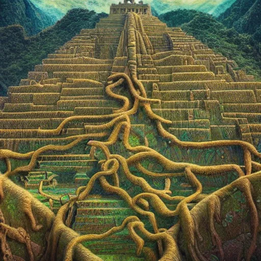 Image similar to intricate stunning highly detailed illustration of the inca lost city of gold, 🌱, by agostino arrivabene and vladimir kush, surreal, digital painting, ultra realistic, dramatic lighting, twisted vines, lush plants, gold, inca, pristine water, artstation