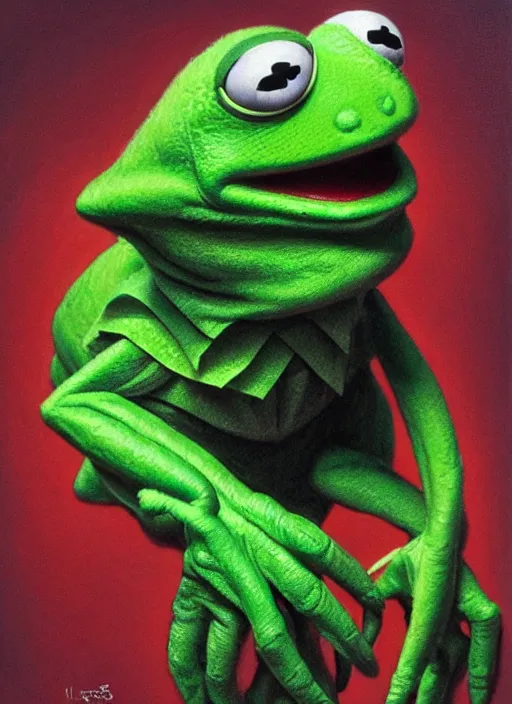 Prompt: portrait of kermit the frog in the fly ( 1 9 8 6 ), highly detailed, centered, solid color background, digital painting, artstation, concept art, smooth, sharp focus, illustration, artgerm, donato giancola, joseph christian leyendecker, les edwards, ed repka, wlop, artgerm