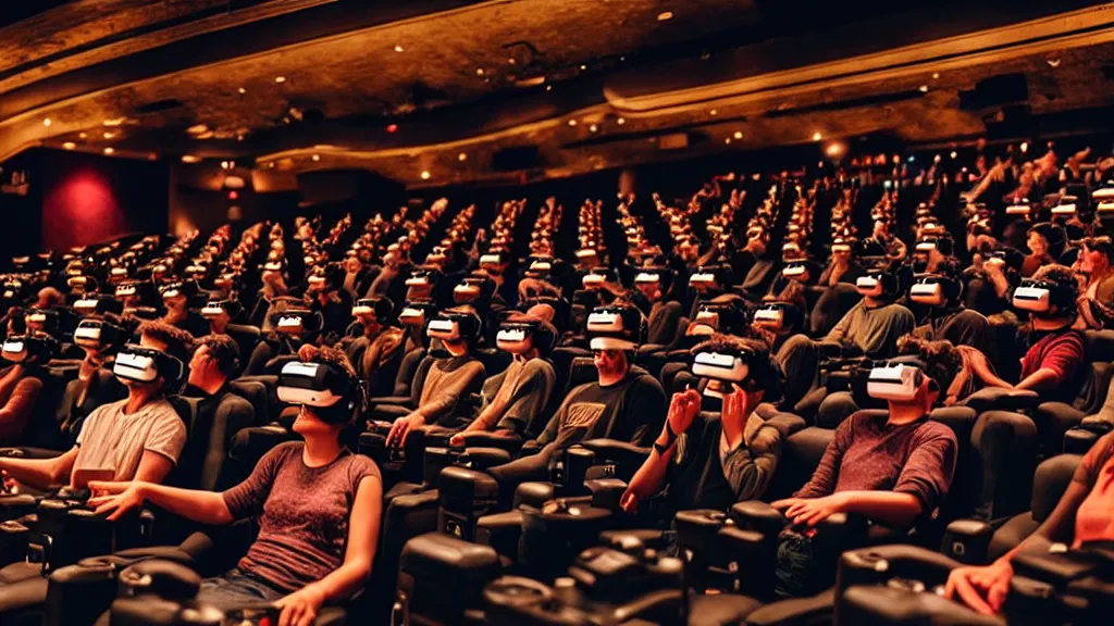 Prompt: people in a busy very dark movie theatre, all of they are wearing vr headsets with art direction by salvador dali, wide lens
