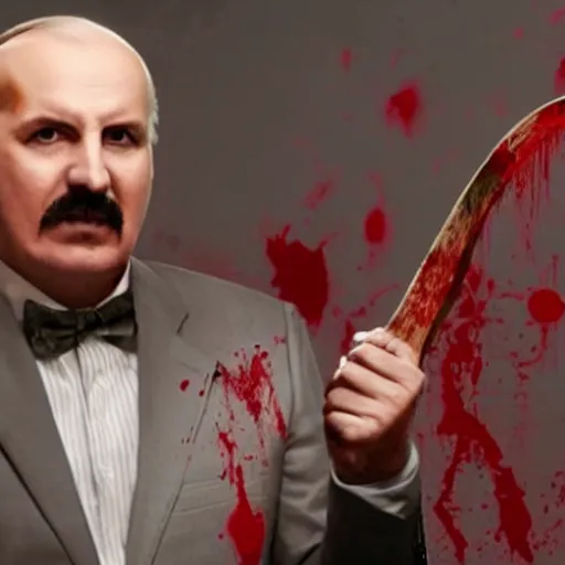 Image similar to Alexander Lukashenko as the American Psycho, staring psychopathically, sweating hard, holding an axe, covered in blood, cinematic still