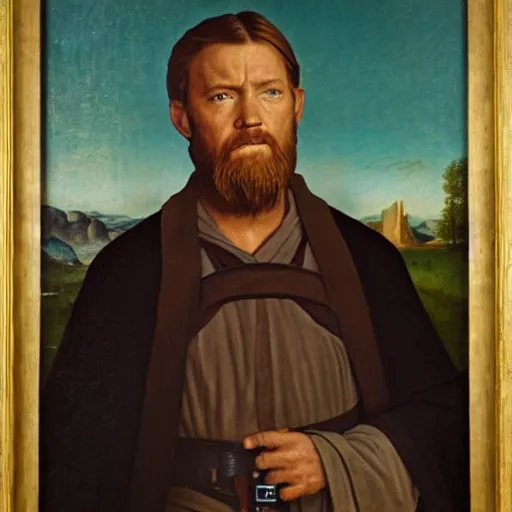 Image similar to a portrait painting of obi wan kenobi from star wars in a renaissance style hanging in the louvre